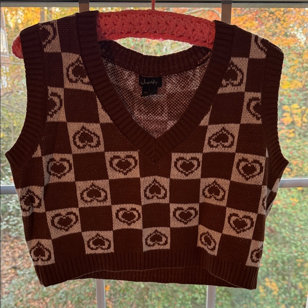 Justify Brown and white Heart Checkered V-Neck Sweater Vest